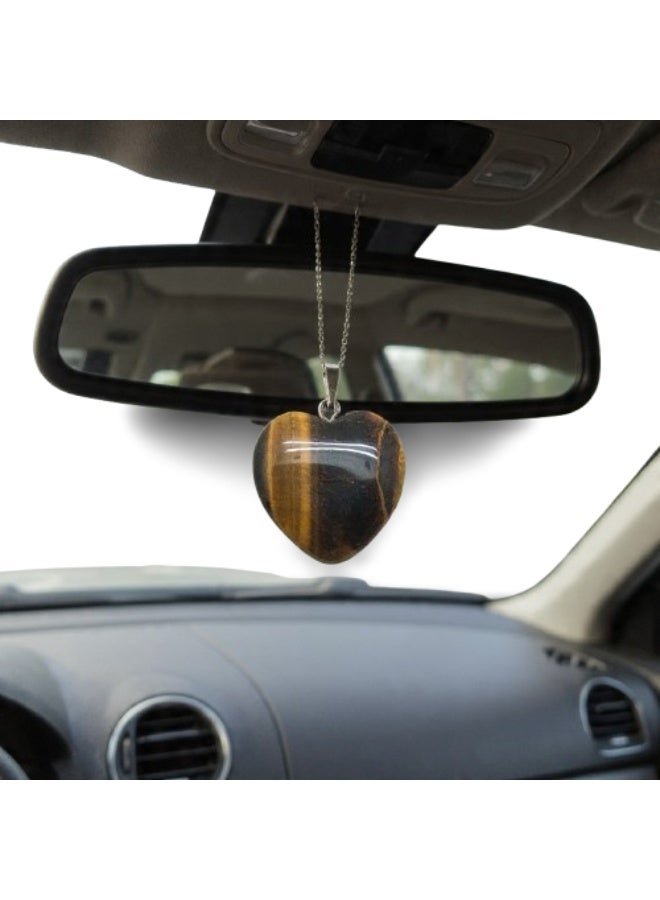 Natural Tiger eye Heart Car Mirror Hanger, Decorative Pendant with Cord, Rearview Mirror Accessory - Image 1