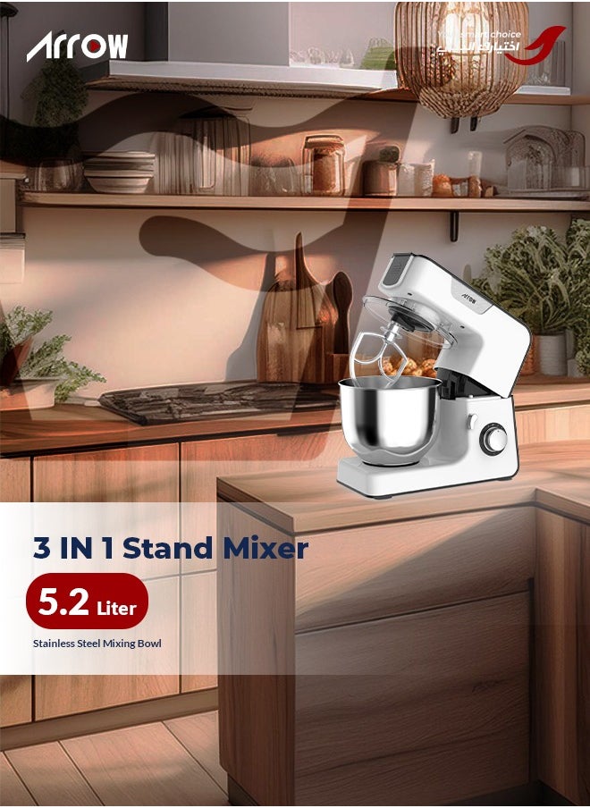 Arrow 3 IN 1 Stand Mixer, 1000W | Meat Grinder | 5.2L Capacity | Stainless Steel Body| Full Metal Gears and Copper Motor | White Color |8 Speeds | Non-Slip Feet |Easy Cleaning | Model Name: RO-06SMB  - Image 2
