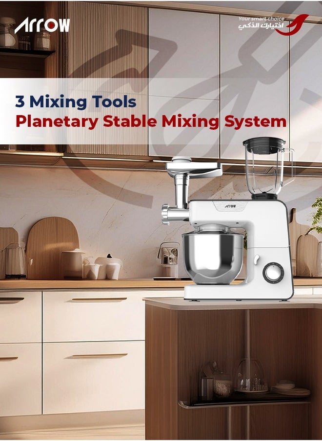 Arrow 3 IN 1 Stand Mixer, 1000W | Meat Grinder | 5.2L Capacity | Stainless Steel Body| Full Metal Gears and Copper Motor | White Color |8 Speeds | Non-Slip Feet |Easy Cleaning | Model Name: RO-06SMB  - Image 4
