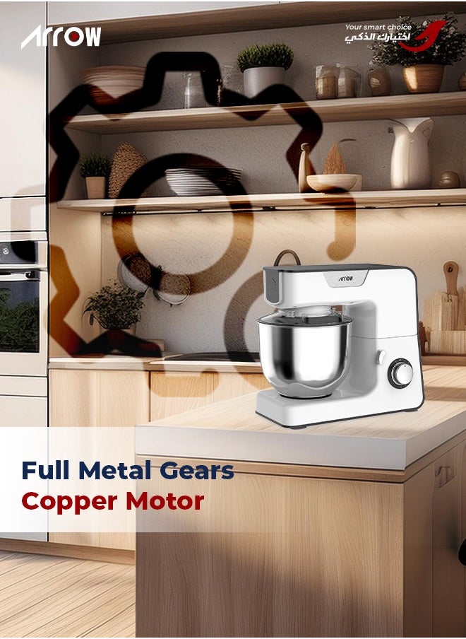 Arrow 3 IN 1 Stand Mixer, 1000W | Meat Grinder | 5.2L Capacity | Stainless Steel Body| Full Metal Gears and Copper Motor | White Color |8 Speeds | Non-Slip Feet |Easy Cleaning | Model Name: RO-06SMB  - Image 3
