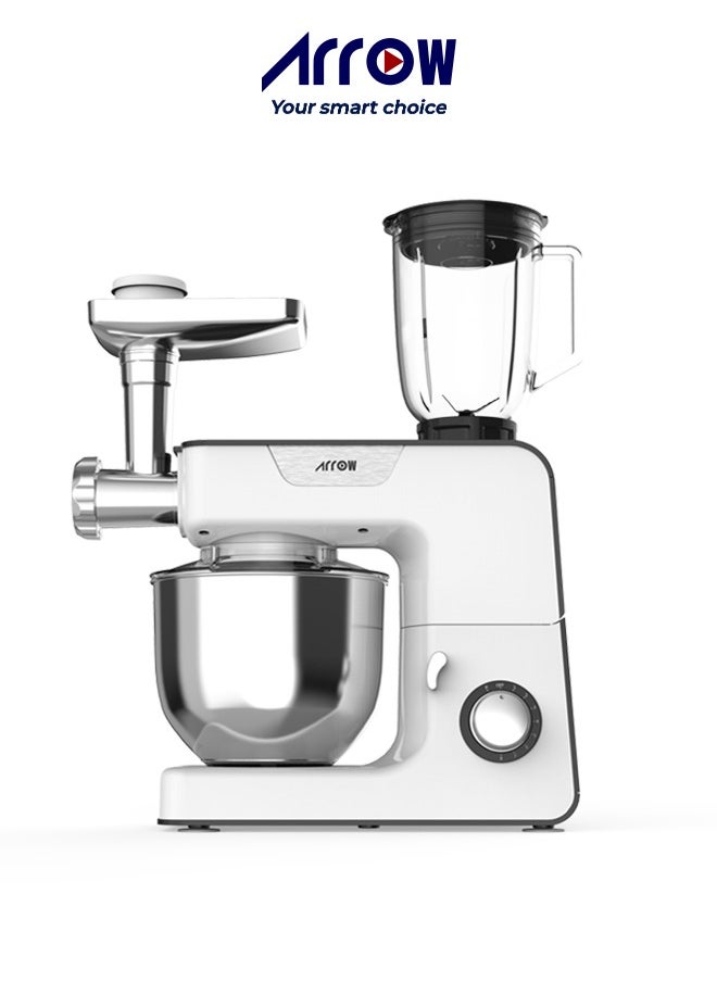 Arrow 3 IN 1 Stand Mixer, 1000W | Meat Grinder | 5.2L Capacity | Stainless Steel Body| Full Metal Gears and Copper Motor | White Color |8 Speeds | Non-Slip Feet |Easy Cleaning | Model Name: RO-06SMB  - Image 1