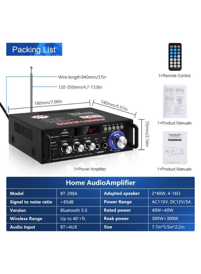 والالا مكبر صوت منزلي، مكبر صوت بلوتوث 2.0 قناة مستقبلات ستيريو RMS 40 واط + 40 واط مدمج راديو FM، كاريوكي، مكبر صوت هاي فاي بلوتوث 5.0 AUX MIC SD مدخل USB مستقبل ستيريو للمنزل والسيارة والحفلات - Image 5
