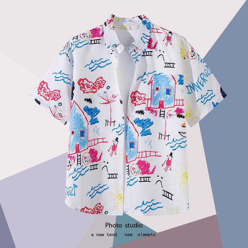 Summer Beach Floral-Print Thin Shirt For Men And Women Ins Trendy Hawaiian Port-Style Loose Tie-Dye Short-Sleeved Shirt For Couple - Image 1
