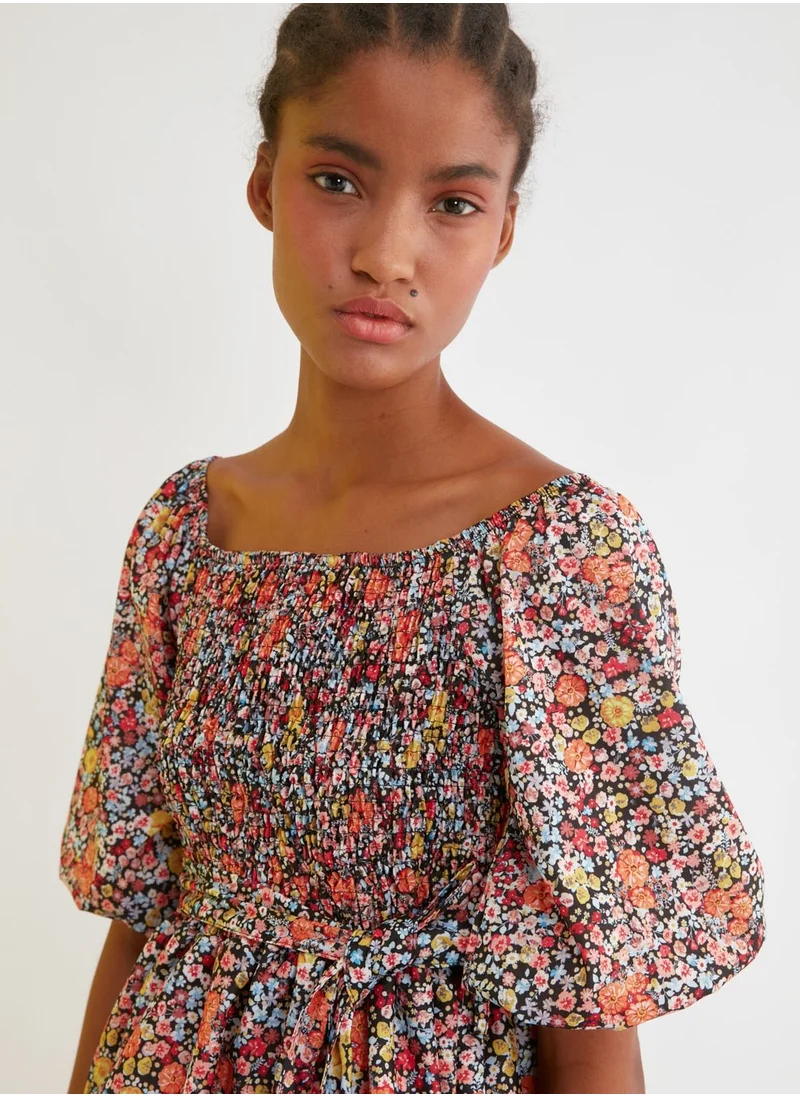 trendyol Balloon Sleeve Shirred Printed Dress