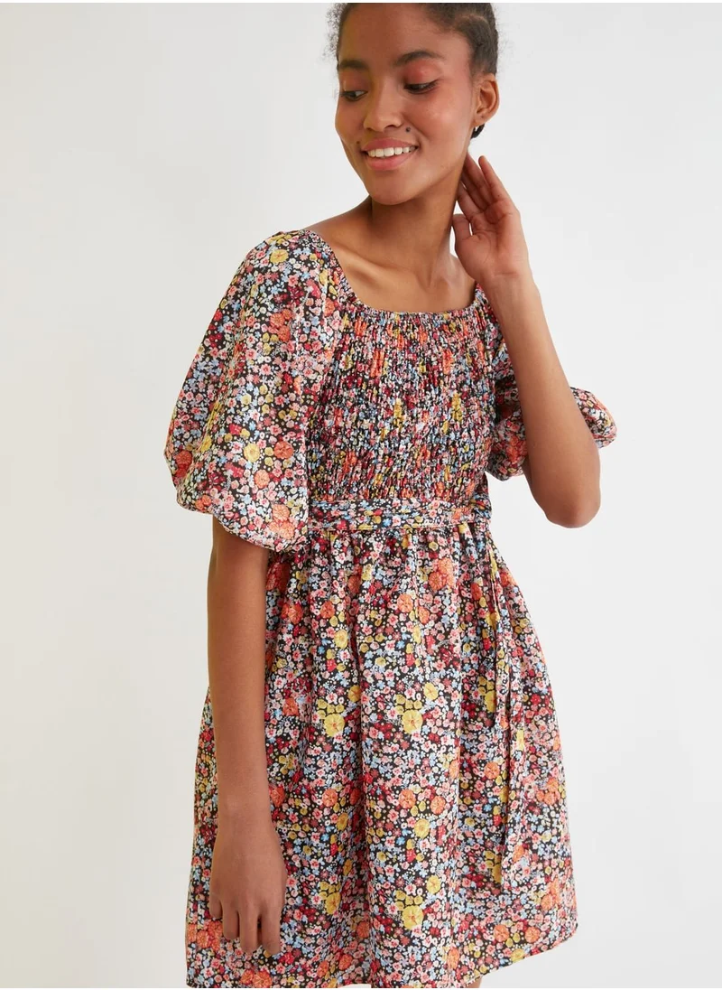 trendyol Balloon Sleeve Shirred Printed Dress