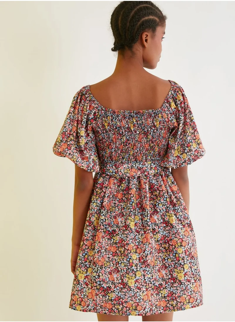 trendyol Balloon Sleeve Shirred Printed Dress