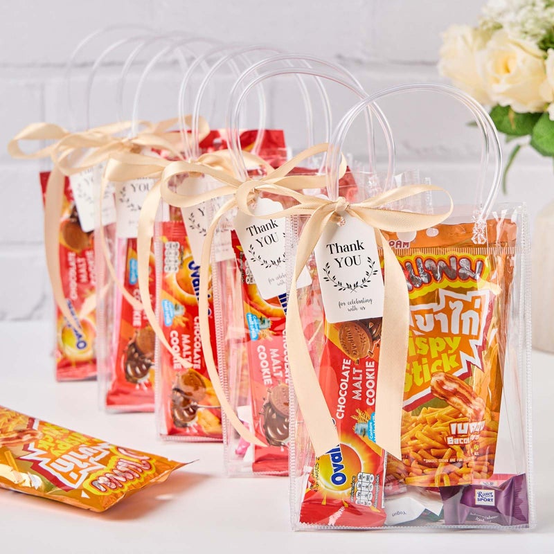 Mauproy 24 Pack Clear Plastic Gift Bags with Handles, Party Favor Bags with Ribbons and Tags, Reusable Goodie Tote Bags for Mother's Day Wedding Baby Shower (5.9â€ x 7.9â€ x 2.8") - Image 5