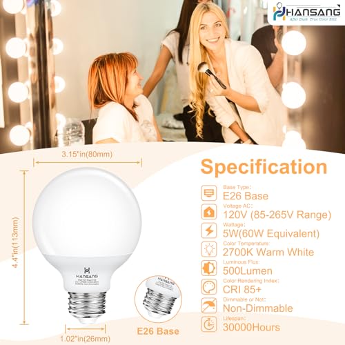 hansang G25 LED Globe Light Bulbs, Bathroom Vanity Light Bulbs E26 Base Warm White 2700K for Bedroom Makeup Mirror Lights, 60W Equivalent(5W), 500LM Non-dimmable,4Pack - Image 2