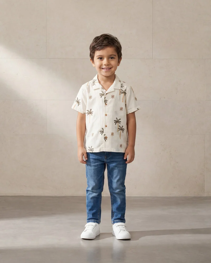 ردتاغ Boys White Palm Printed Short Sleeve With T-Shirt