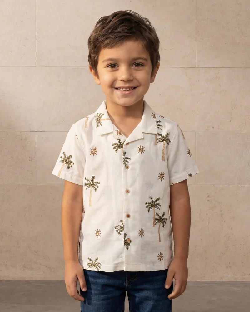 ردتاغ Boys White Palm Printed Short Sleeve With T-Shirt