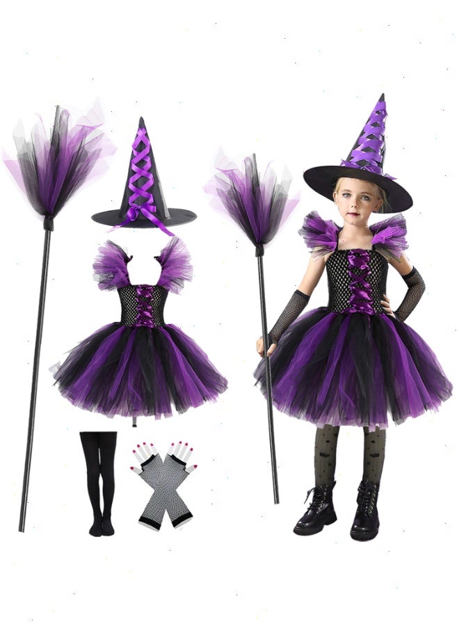 زي ساحرة هالوين للفتيات مع قبعة ومكنسة ملابس تنكرية للحفلات التنكرية، زي ساحرة تنكري ساحرة لطيف طقم زي ساحرة بنفسجي (110 سم)