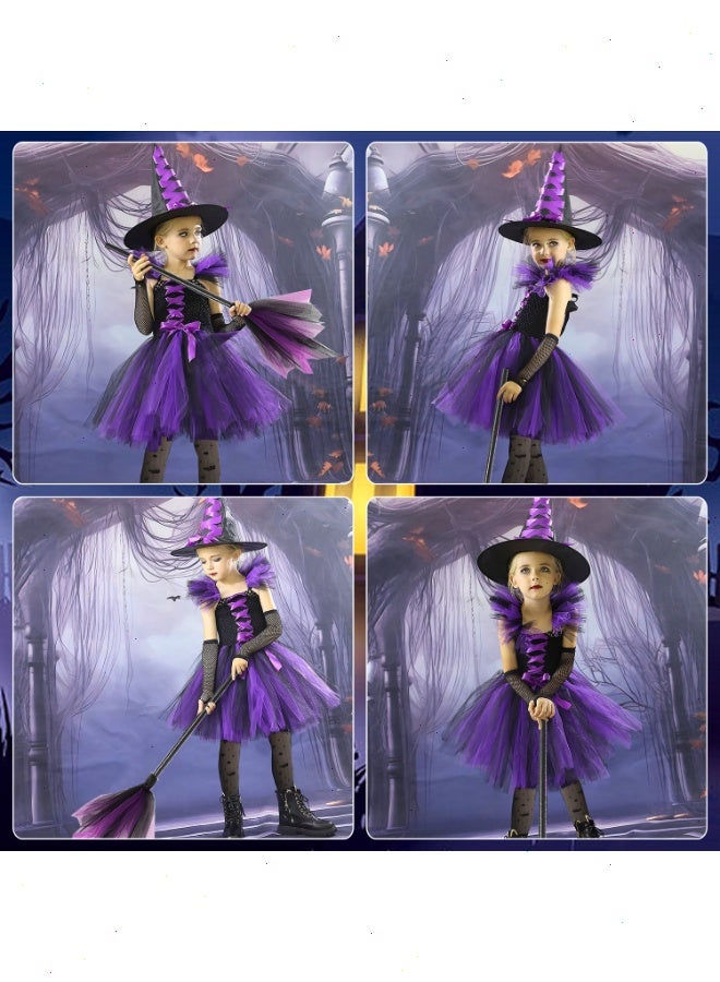 زي ساحرة هالوين للفتيات مع قبعة ومكنسة ملابس تنكرية للحفلات التنكرية، زي ساحرة تنكري ساحرة لطيف طقم زي ساحرة بنفسجي (110 سم)