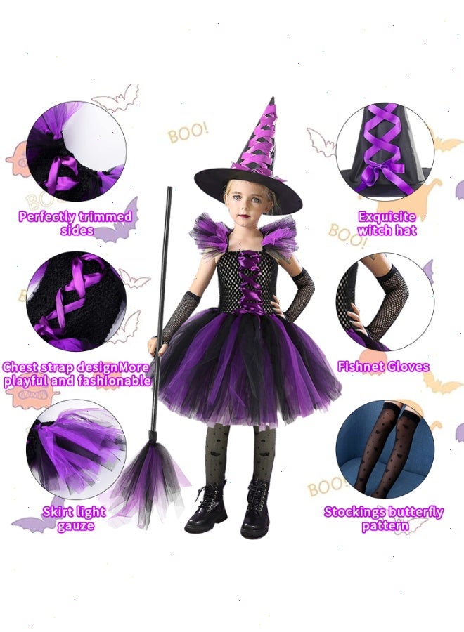 زي ساحرة هالوين للفتيات مع قبعة ومكنسة ملابس تنكرية للحفلات التنكرية، زي ساحرة تنكري ساحرة لطيف طقم زي ساحرة بنفسجي (110 سم)