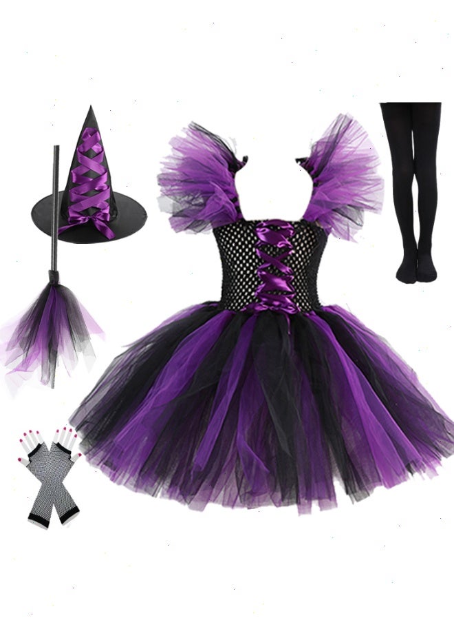 زي ساحرة هالوين للفتيات مع قبعة ومكنسة ملابس تنكرية للحفلات التنكرية، زي ساحرة تنكري ساحرة لطيف طقم زي ساحرة بنفسجي (110 سم)
