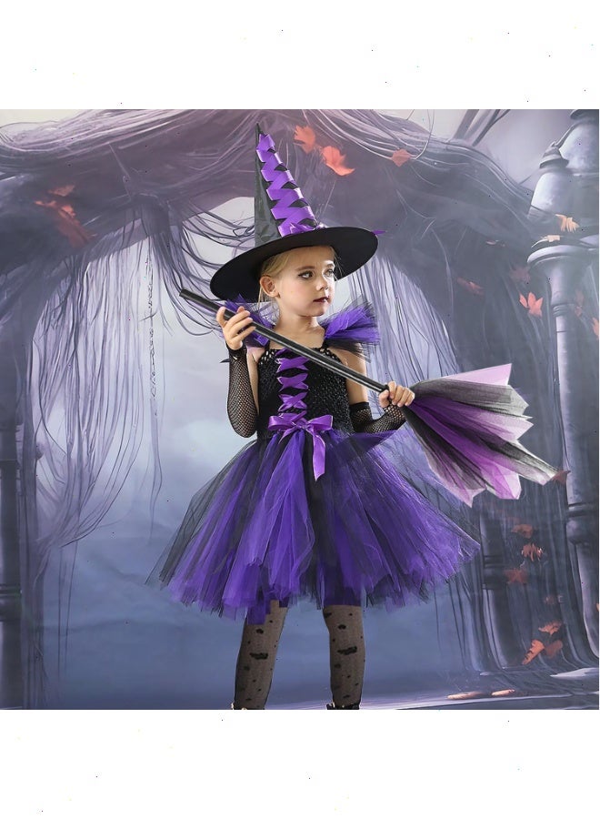 زي ساحرة هالوين للفتيات مع قبعة ومكنسة ملابس تنكرية للحفلات التنكرية، زي ساحرة تنكري ساحرة لطيف طقم زي ساحرة بنفسجي (110 سم)