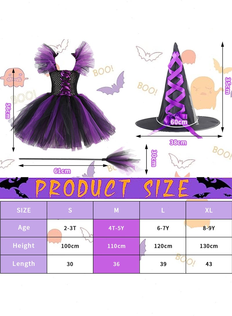 زي ساحرة هالوين للفتيات مع قبعة ومكنسة ملابس تنكرية للحفلات التنكرية، زي ساحرة تنكري ساحرة لطيف طقم زي ساحرة بنفسجي (110 سم)