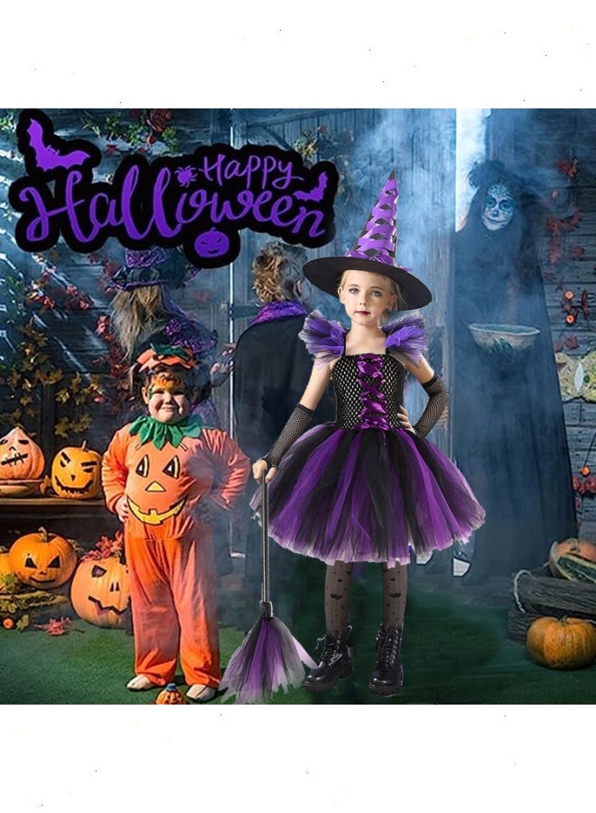 زي ساحرة هالوين للفتيات مع قبعة ومكنسة ملابس تنكرية للحفلات التنكرية، زي ساحرة تنكري ساحرة لطيف طقم زي ساحرة بنفسجي (110 سم)