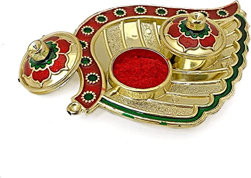 SATVIK STORE SATVIK 1 Pc Golden Decorative Designer Roli Chawal/Rice Holder, Akshata Kumkum Haldi Holder Indian Festival Rakhi Pooja Thali Diwali Pujan Puja Mandir Tika Platter Housewarming Gifts Items - Image 4