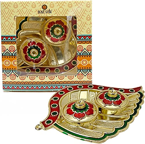 SATVIK STORE SATVIK 1 Pc Golden Decorative Designer Roli Chawal/Rice Holder, Akshata Kumkum Haldi Holder Indian Festival Rakhi Pooja Thali Diwali Pujan Puja Mandir Tika Platter Housewarming Gifts Items - Image 2