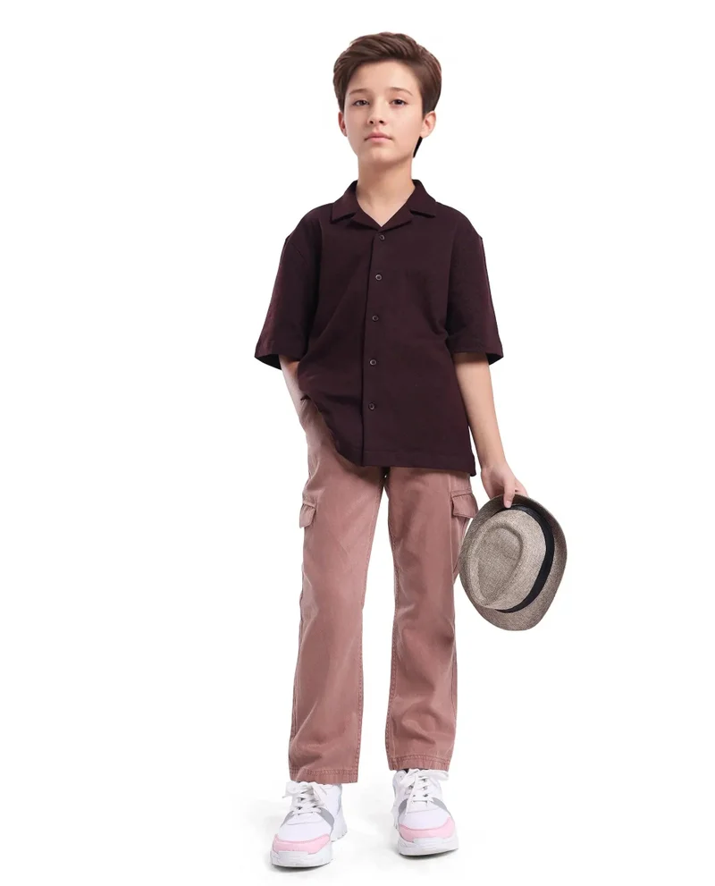 رير ونز Rare Ones Kids Flat Dusky Peach Cotton Button And Zip Closure Plain Regular Fit Trouser