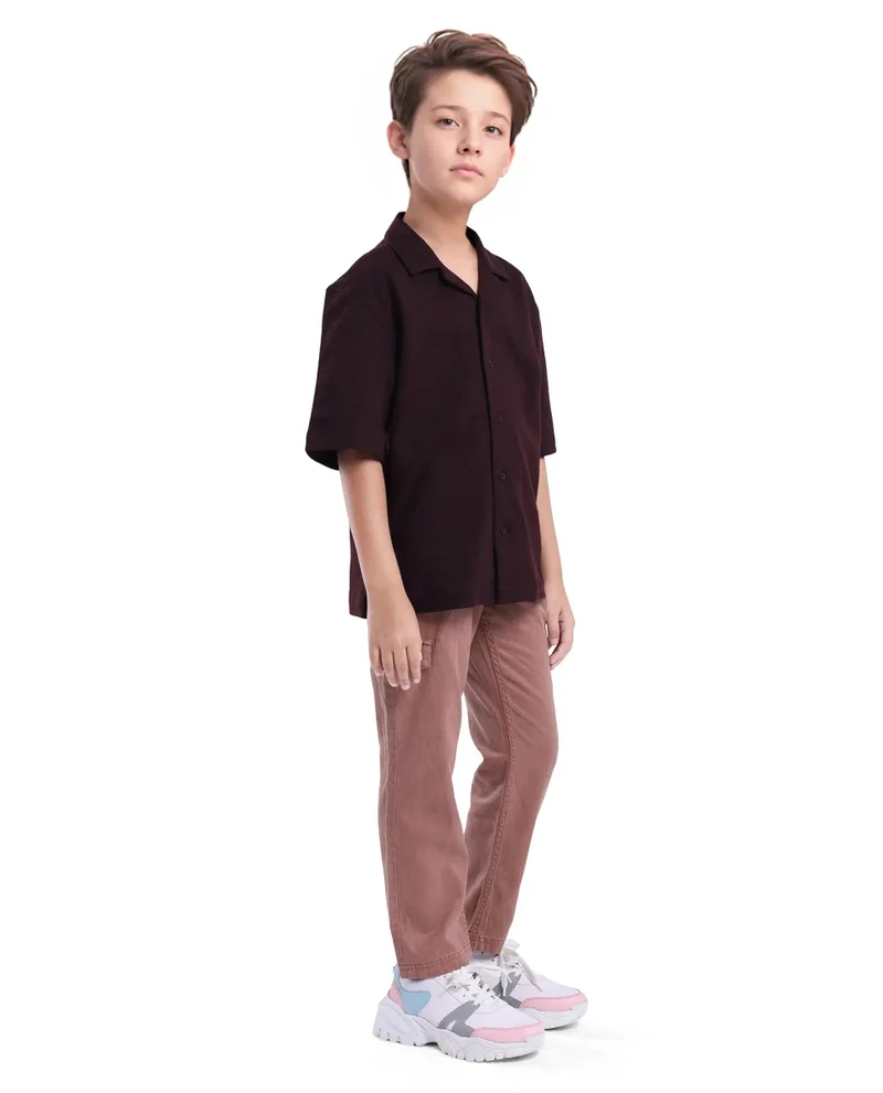 Rare Ones Rare Ones Kids Flat Dusky Peach Cotton Button And Zip Closure Plain Regular Fit Trouser
