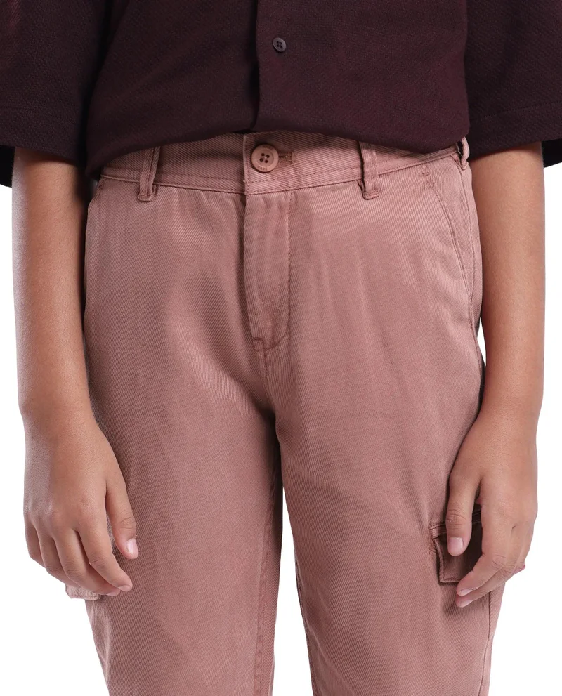 رير ونز Rare Ones Kids Flat Dusky Peach Cotton Button And Zip Closure Plain Regular Fit Trouser
