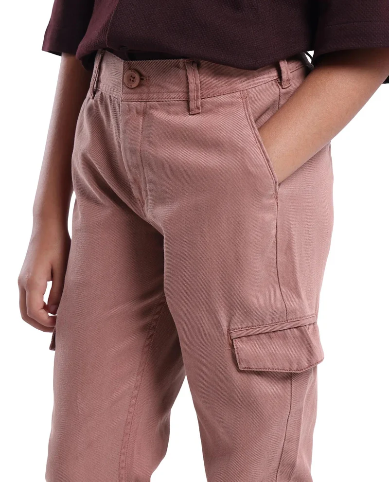 Rare Ones Rare Ones Kids Flat Dusky Peach Cotton Button And Zip Closure Plain Regular Fit Trouser