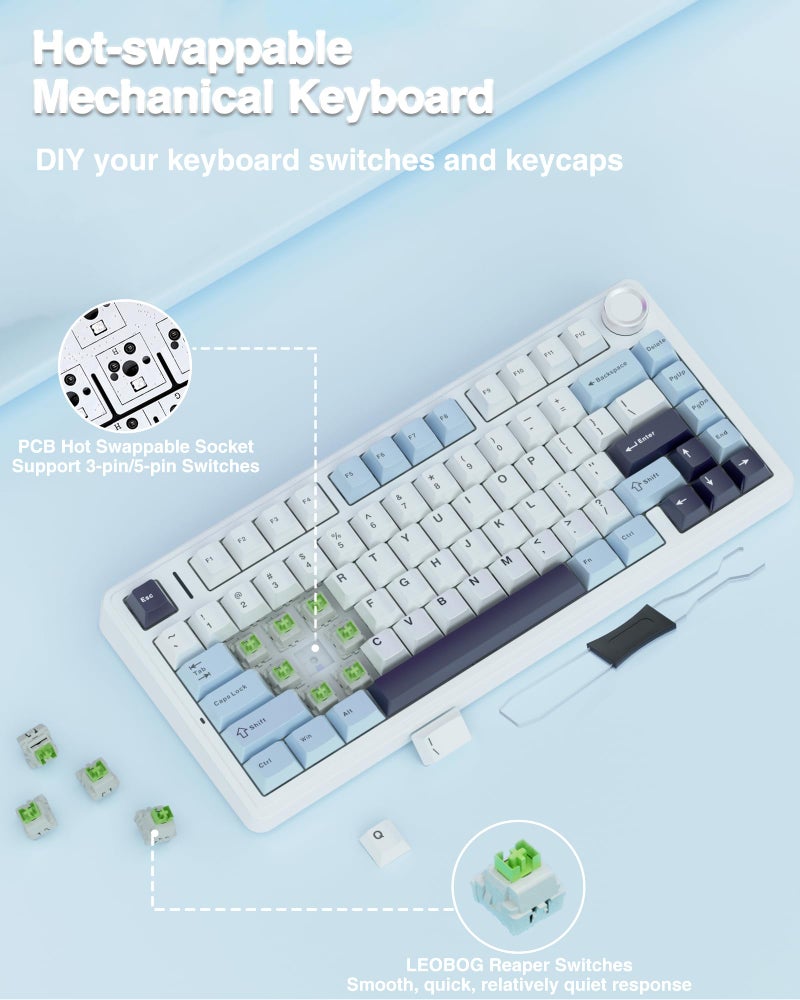 Aula F75 75% Wireless Mechanical Keyboard | Hot Swappable | Pre-lubed Linear Switches | RGB Backlit | 2.4GHz/Type-C/Bluetooth Gaming Keyboard (Ice Blue, Reaper Switch) - Image 5