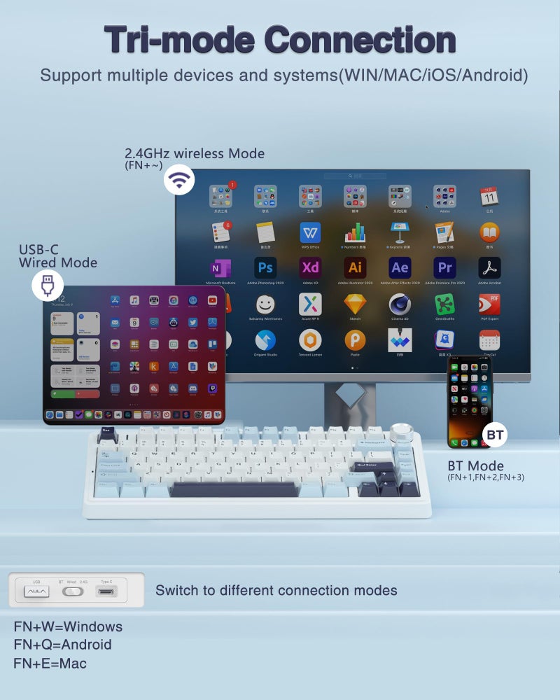 Aula F75 75% Wireless Mechanical Keyboard | Hot Swappable | Pre-lubed Linear Switches | RGB Backlit | 2.4GHz/Type-C/Bluetooth Gaming Keyboard (Ice Blue, Reaper Switch) - Image 3