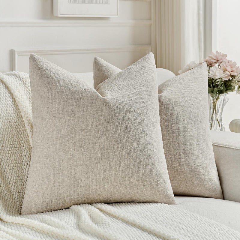FUTEI Beige Chenille Decorative Throw Pillow Covers 18x18 Inch Set of 2,Soft Cozy Faux Linen Textured Cushion Case,Farmhouse Home Decor for Couch Living Room - Image 1
