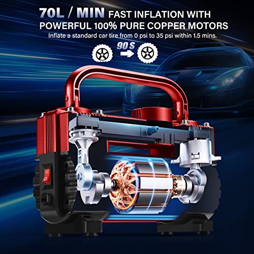 GSPSCN Red Tire Inflator Heavy Duty Double Cylinders, Portable Metal DC 12V Air Compressor - Car Accessories，150PSI Tire Pump with Adapter for Car, Truck, SUV Tires, Dinghy, Air Bed etc - Image 3