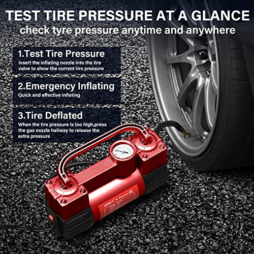 GSPSCN Red Tire Inflator Heavy Duty Double Cylinders, Portable Metal DC 12V Air Compressor - Car Accessories，150PSI Tire Pump with Adapter for Car, Truck, SUV Tires, Dinghy, Air Bed etc - Image 4