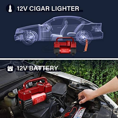GSPSCN Red Tire Inflator Heavy Duty Double Cylinders, Portable Metal DC 12V Air Compressor - Car Accessories，150PSI Tire Pump with Adapter for Car, Truck, SUV Tires, Dinghy, Air Bed etc - Image 5