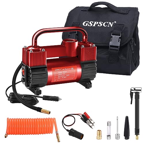 GSPSCN Red Tire Inflator Heavy Duty Double Cylinders, Portable Metal DC 12V Air Compressor - Car Accessories，150PSI Tire Pump with Adapter for Car, Truck, SUV Tires, Dinghy, Air Bed etc - Image 1