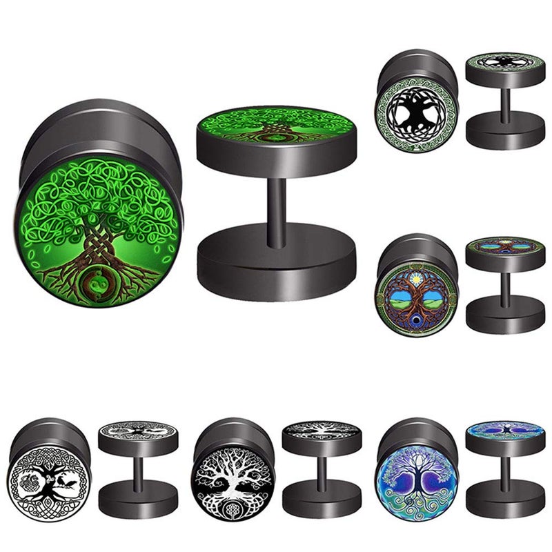 FLYUN Viking Earrings for Men,Yggdrasil Earrings, World Tree Earring, Fake Gauge Faux Plug Screw Back Stainless Steel Earrings - Image 1