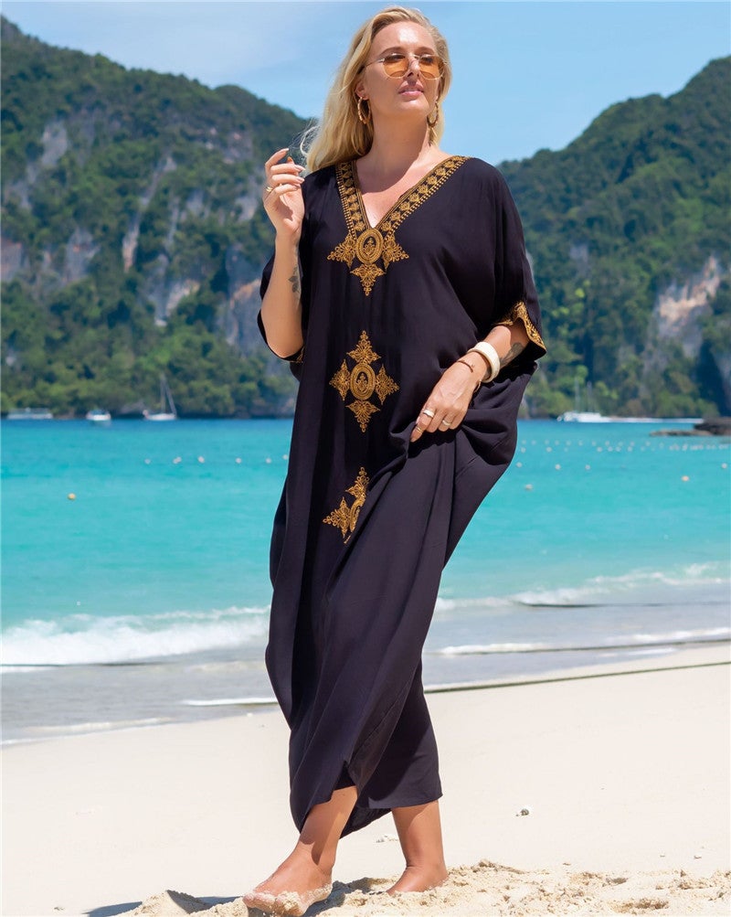 New European and American rayon gold thread embroidered beach blouse sexy loose embroidered holiday skirt bikini blouse cross border(DN0759-3 Zhang Qing, All yards) - Image 5