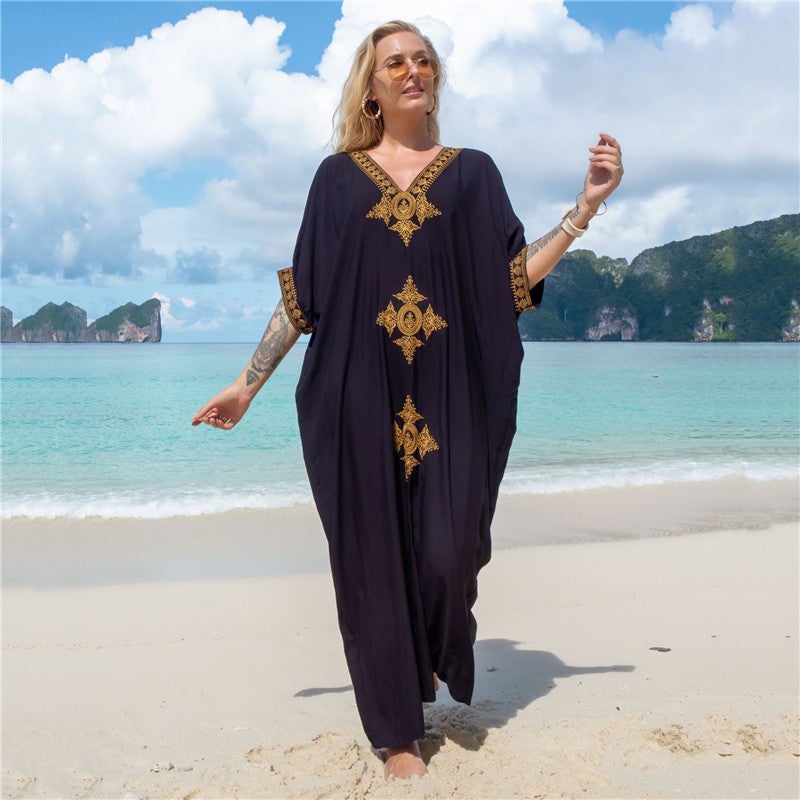 New European and American rayon gold thread embroidered beach blouse sexy loose embroidered holiday skirt bikini blouse cross border(DN0759-3 Zhang Qing, All yards) - Image 4