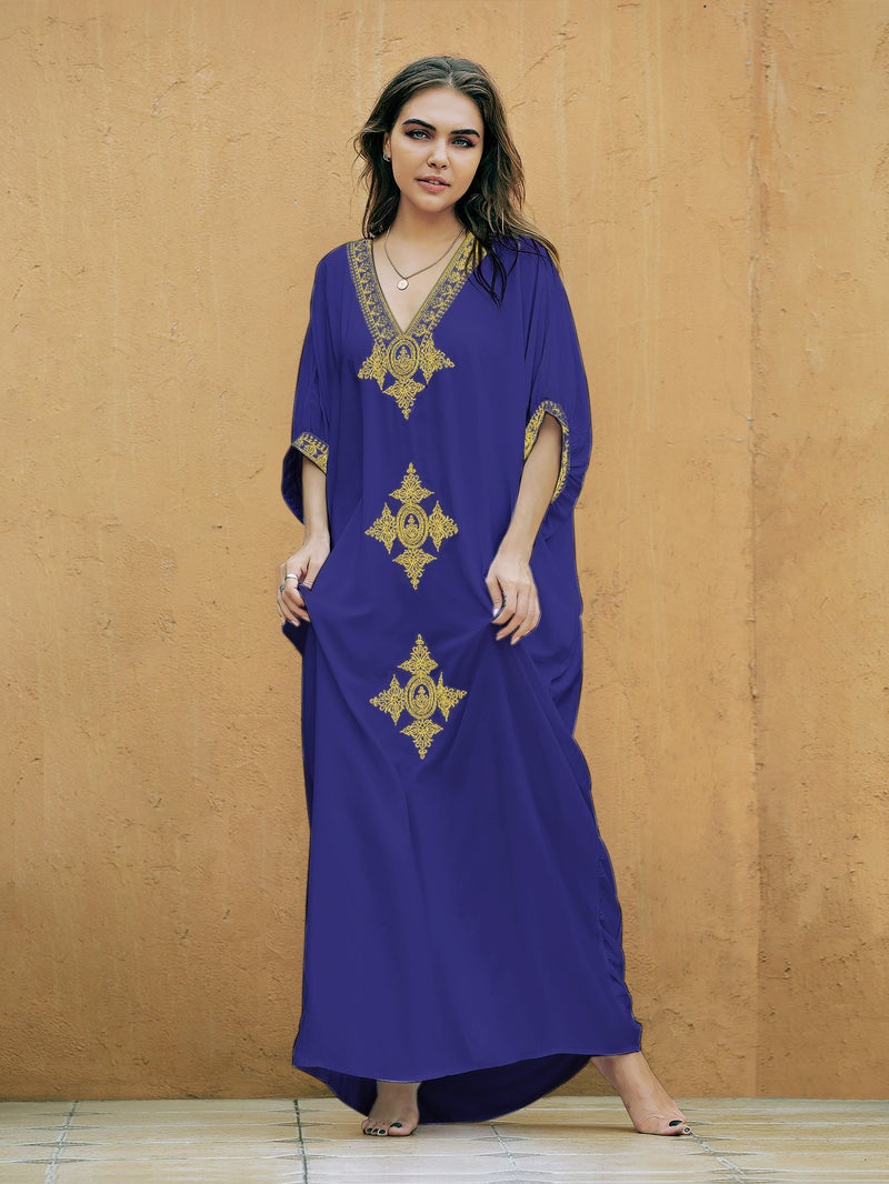 New European and American rayon gold thread embroidered beach blouse sexy loose embroidered holiday skirt bikini blouse cross border(DN0759-3 Zhang Qing, All yards) - Image 1