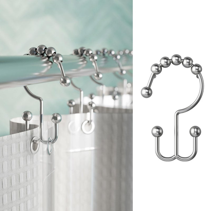 Maytex Shower Curtain Hooks, Shower Curtain Rings, Rust-Resistant Decorative Double Roller Glide Shower Hooks, Shower Rings for Bathroom Shower Rods, Curtains, Liners, Set of 12, Brushed Nickel - Image 1