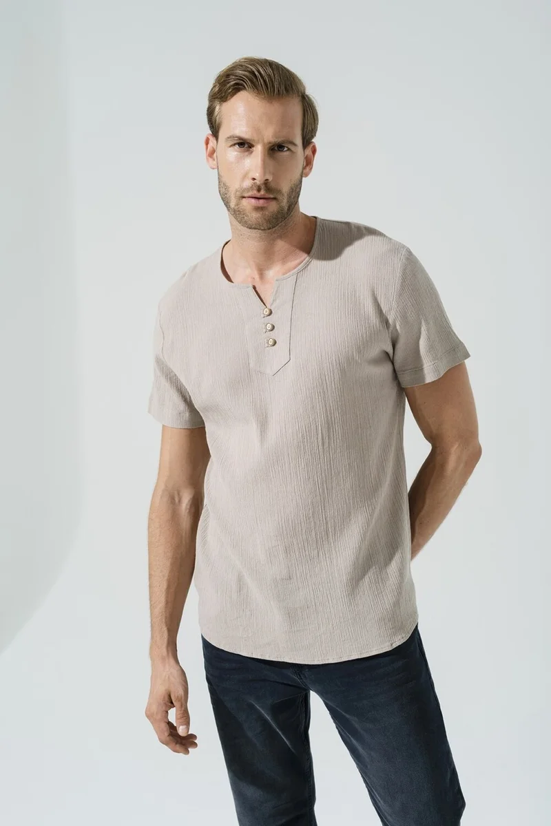 فور يو مان Organic 3 Button Short Sleeve Stone Shirt S27054