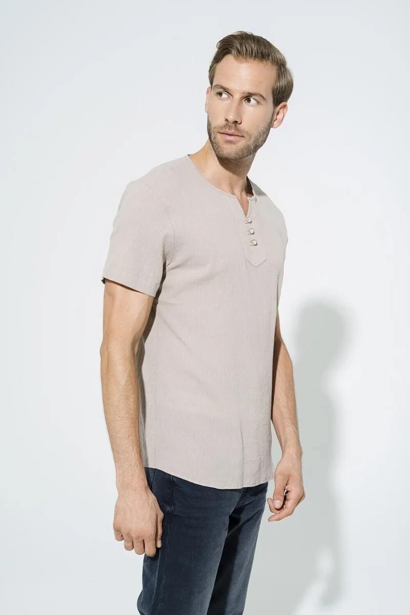 فور يو مان Organic 3 Button Short Sleeve Stone Shirt S27054
