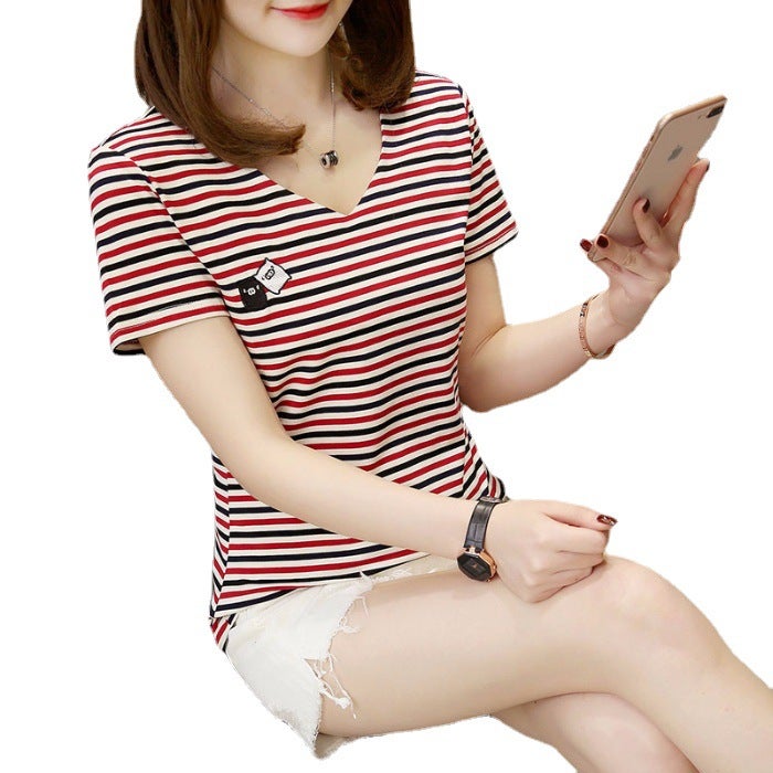 V-Neck Striped T-Shirt For Women 2022 New Summer Korean Style Loose Summer Top Embroidered Black And White Short Sleeve Bottoming Shirt - Image 5