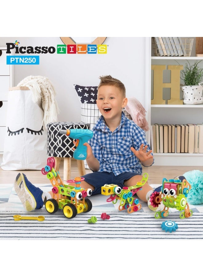 PicassoTiles مجموعة بناء هندسية من بيكاسو تايلز مع كتاب أفكار 250 قطعة | ألعاب STEM | مجموعة ألعاب تعليمية | كتل تكديس | تعزز مهارات حل المشكلات والمهارات الحركية الدقيقة | تحسن التنسيق والإبداع | هدية للأطفال والرضع | مجموعة بناء لتطوير عقل الطفل - Image 3