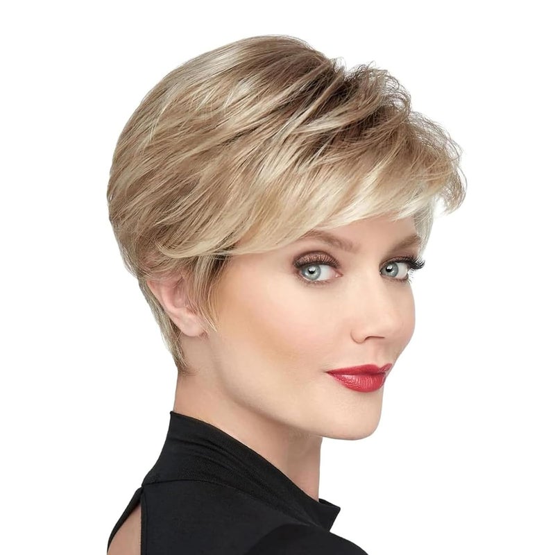 BECUS Short Blonde Wigs for White Women Black Women Pixie Cut Wig Pixie Layered Short Blonde Wigs for Older Women Synthetic WigsRoots Brown Mixed Blonde