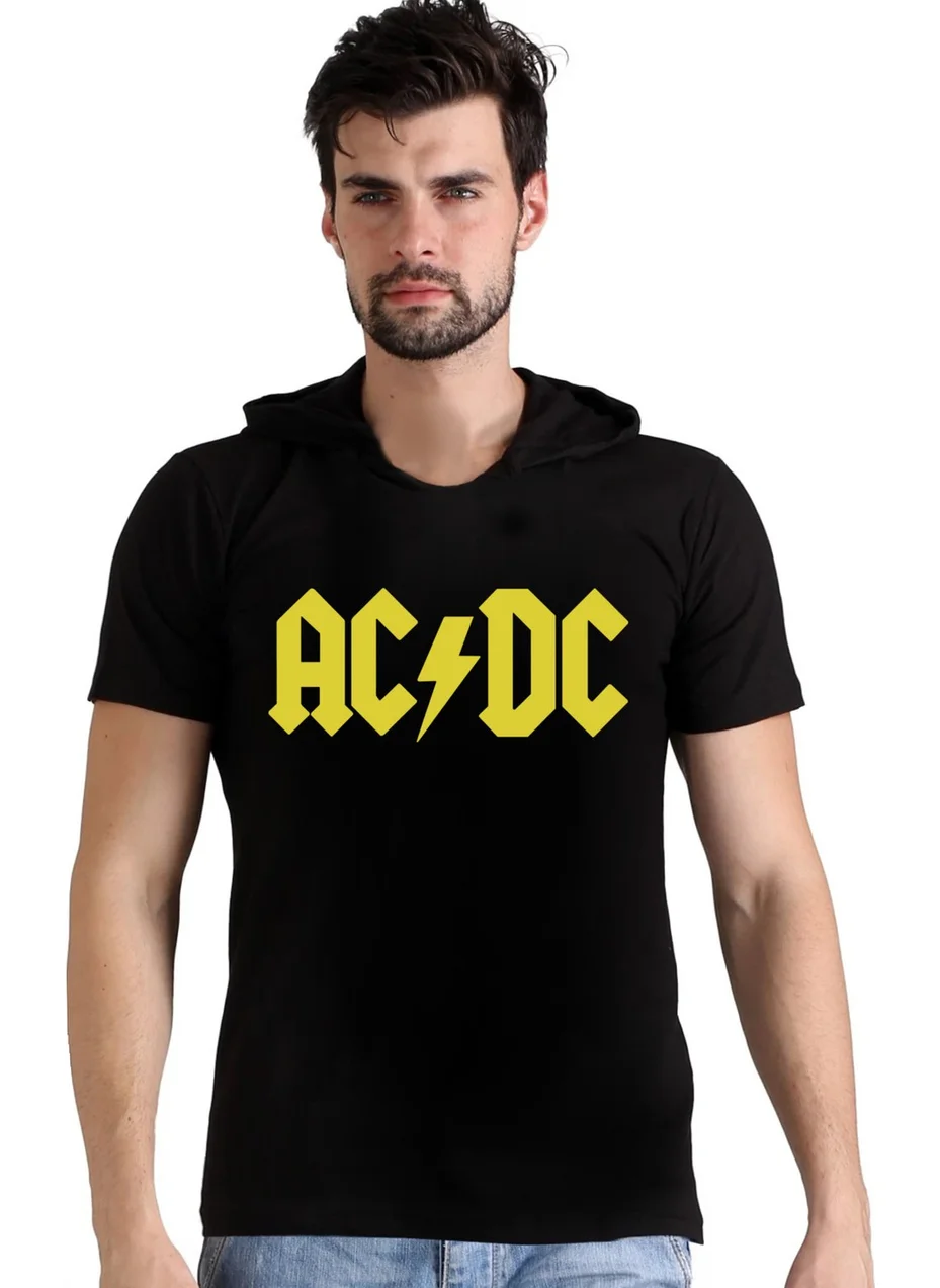 Rock&Roll Acdc Black Hooded Short Sleeve Men's T-Shirt