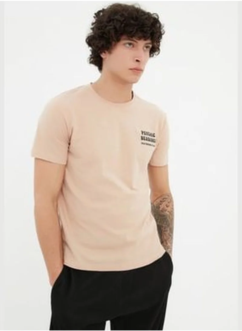 trendyol Beige Men's Slim Crew Neck Short Sleeved Text Printed 100% Cotton T-Shirt TMNSS22TS1449