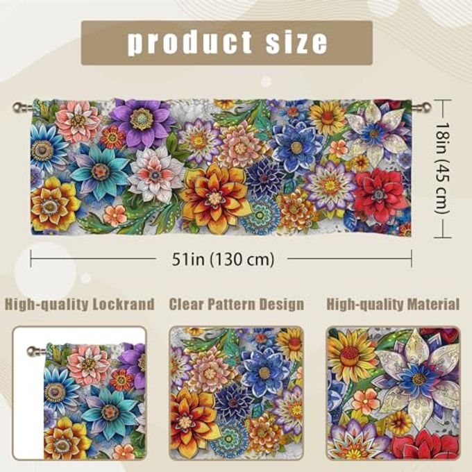 SIOQCKIS Boho Valances for Windows, Floral Valances for Windows, Boho Window Valance for Kitchen Floral Curtains Valance Bohemian Decor Flower Window Decor Living Room Bedroom Bathroom 51x18in - Image 3