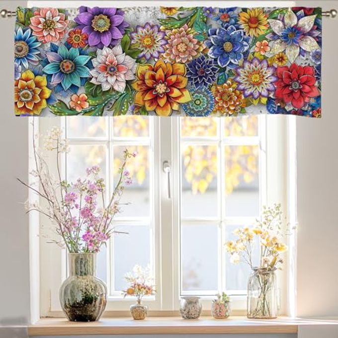 SIOQCKIS Boho Valances for Windows, Floral Valances for Windows, Boho Window Valance for Kitchen Floral Curtains Valance Bohemian Decor Flower Window Decor Living Room Bedroom Bathroom 51x18in - Image 4