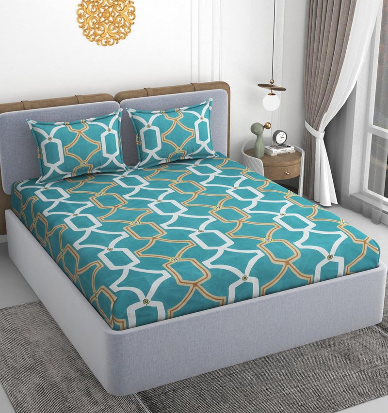 VOMZER Cotton King Size Flat Bedsheet for Double Bed, 1 Cotton Bed Sheet Double Bed (90x100 Inches) with 2 Pillow Cover, Aqua White - Image 4