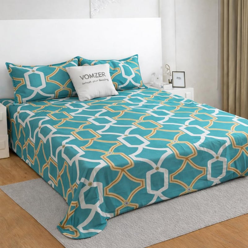 VOMZER Cotton King Size Flat Bedsheet for Double Bed, 1 Cotton Bed Sheet Double Bed (90x100 Inches) with 2 Pillow Cover, Aqua White - Image 5